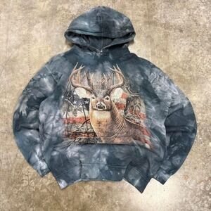 Y2K The Mountain Blue Tye Die Deer Nature Graphic Hoodie Fits L